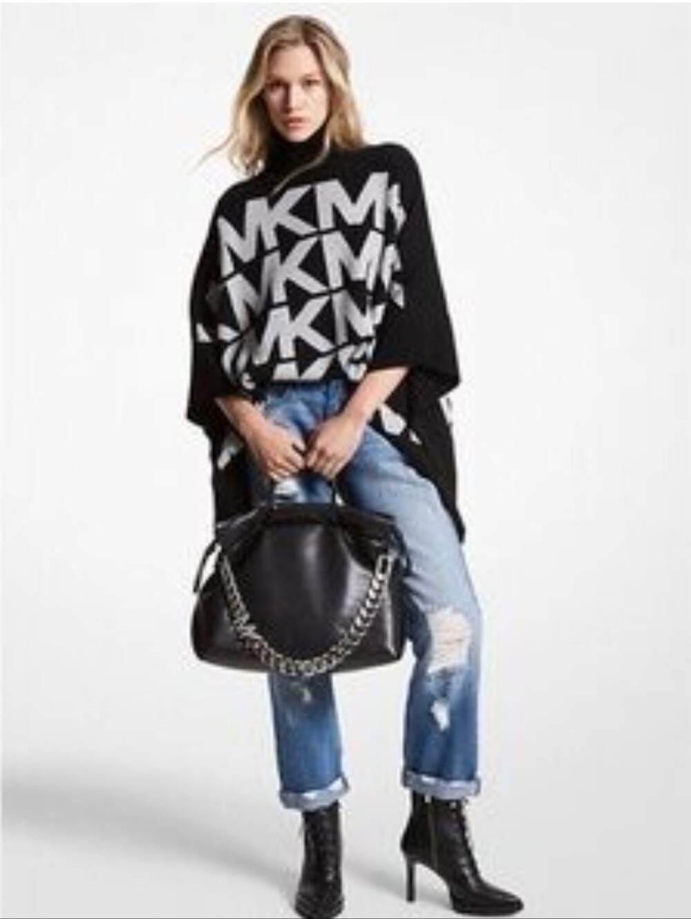 Michael Kors Black Oversized Logo Jacquard Turtleneck Poncho Sweater EUC